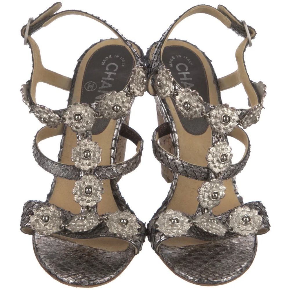 Chanel Interlocking CC Logo Cruise 2012 Python Silver Cork Wedge Sandals - Picture 3 of 5